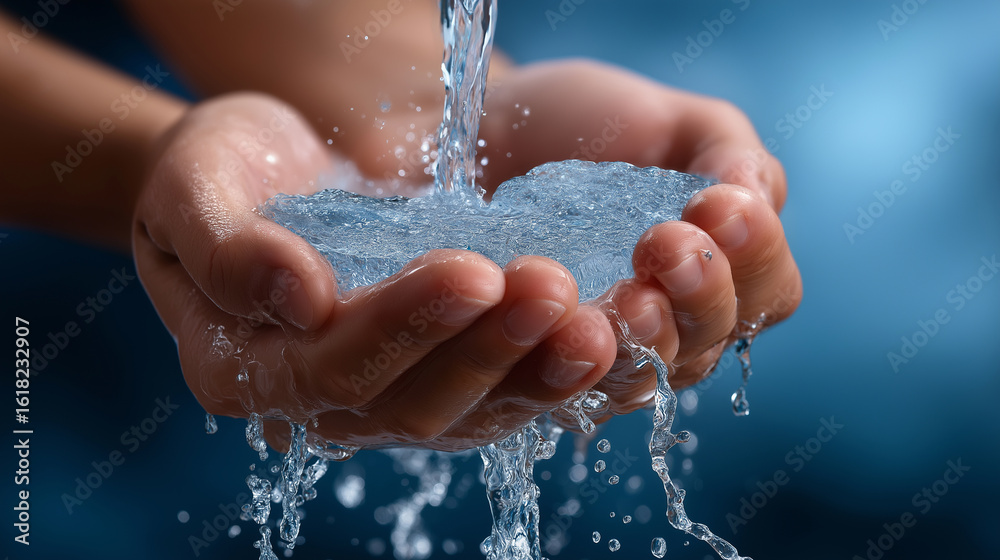 Fototapeta premium Hands catching and holding clear water under a stream on a dark blue background.