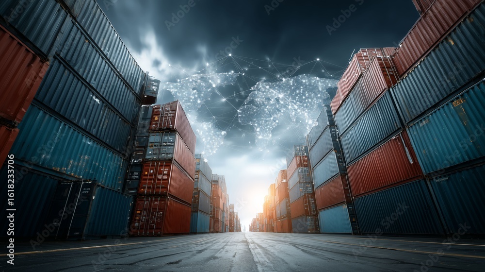 Fototapeta premium Global Trade: Rows of Containers under a Digital World Map Overlay