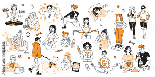 Colorful illustration of people engaging in various healthy lifestyle activities. Characters are exercising, cooking, meditating, and enjoying nutritious food in vibrant cartoon style.