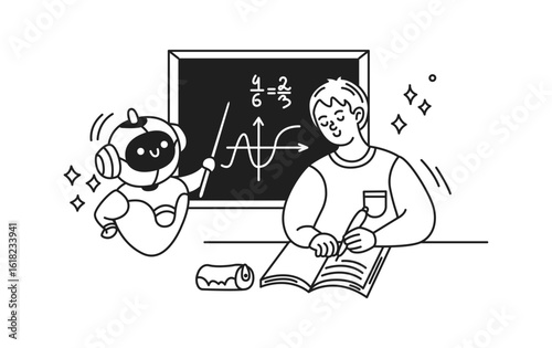 artificial intelligence instructs student on math equation with blackboard in background. Cartoon style, monochrome illustration showing educational interaction and learning.