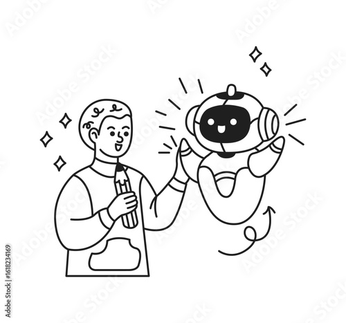 Black and white illustration of a cheerful child making contact with a happy artificial intelligence. Minimalist style, emphasizing friendship and future technology advancements.