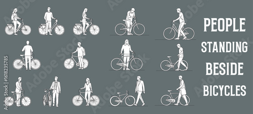 Architectural Drawings people walking next to or standing beside bicycles  vector illustration, side view, human person Minimal style hand drawn. Sections, Elevations, Floor Plans