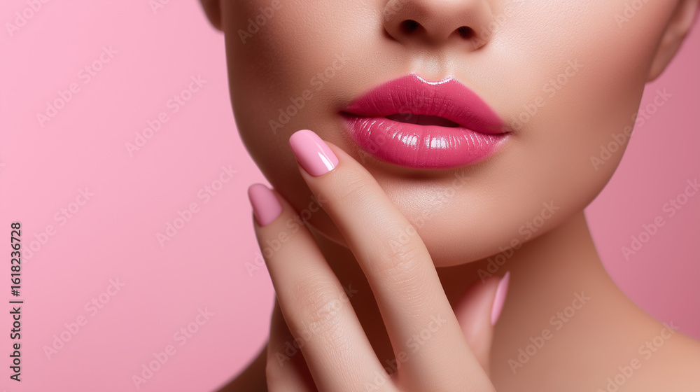 Obraz premium Close-up of glossy pink lips and manicured hand against soft pink background.