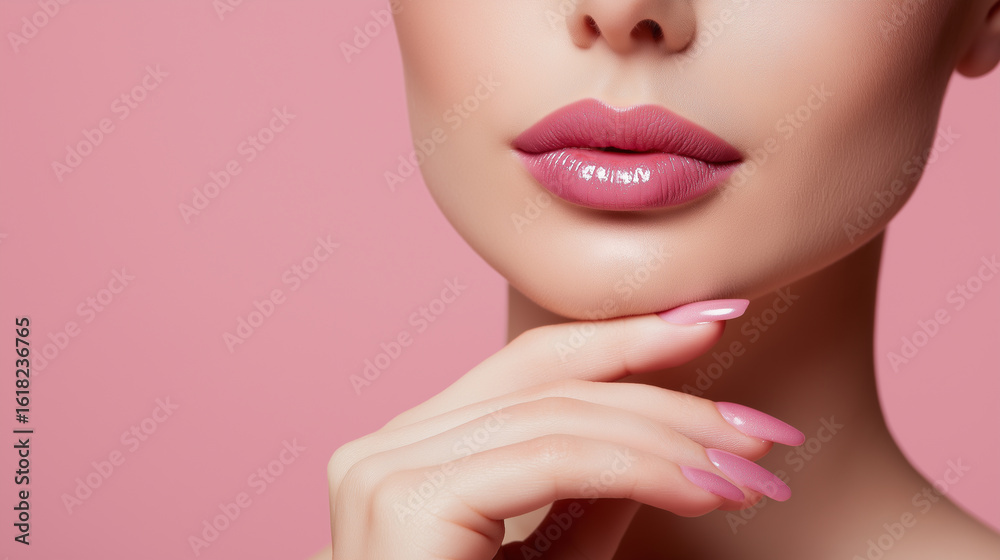 Fototapeta premium Close-up of glossy pink lips and manicured hand against soft pink background. 