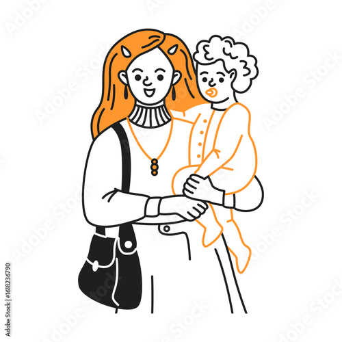 Doodle illustration of a mother holding her child. Orange and black colors add vibrancy. Perfect for parenting themes and maternal love concepts.