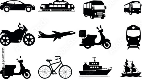Variety of Transportation Methods Silhouettes Car, Train, Airplane, Bicycle, Motorcycle, and Ships Collection
