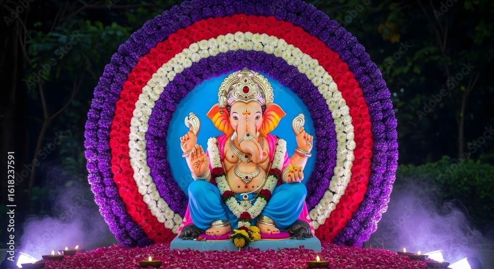Obraz premium Ganesh chaturthi celebration hindu festival ganesha idol puja flowers decoration india culture