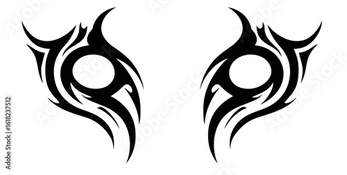 Symmetrical tribal style designs resembling stylized eyes or masks with sharp swirling lines, abstract shapes,
