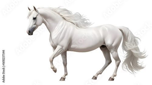 Realistic side view illustration of white horse in motion with flowing mane and detailed anatomy for equestrian themes and art study isolated on white background