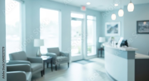 Blurred view of modern dental office waiting room with soft lighting and calm reception area
