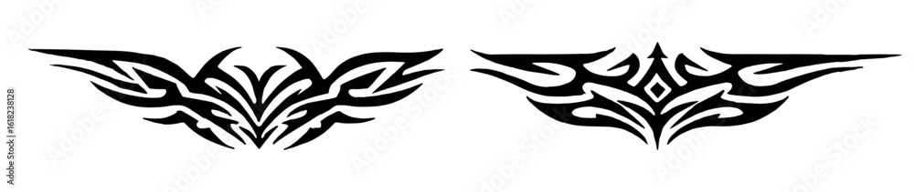 Obraz premium Symmetrical tribal tattoo design with sharp angular lines and leaf-like forms radiating outward,