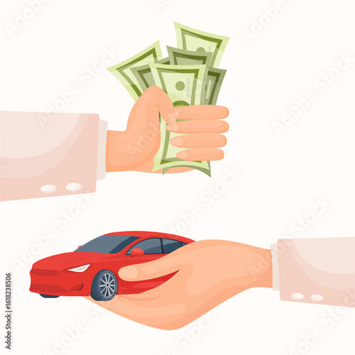 Vector cartoon image of buying and acquiring a car. Concept of transferring transport. Profitable deal. Transferring car keys. Element for your design.