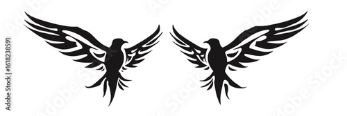 A symmetrical design of two stylized bird figures for a tattoo, with exaggerated wings and tails, mirrored poses,