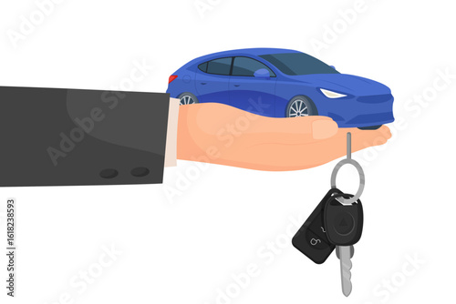 Vector cartoon image of buying and acquiring a car. Concept of transferring transport. Profitable deal. Transferring car keys. Element for your design.