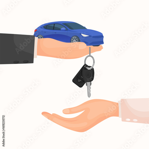 Vector cartoon image of buying and acquiring a car. Concept of transferring transport. Profitable deal. Transferring car keys. Element for your design.