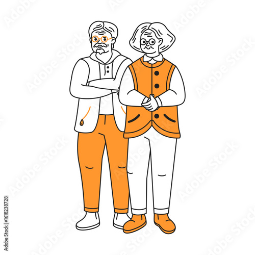 Doodle illustration of two elderly people standing together. They are depicted in a simple line art style with orange highlights, exuding a sense of warmth and companionship.