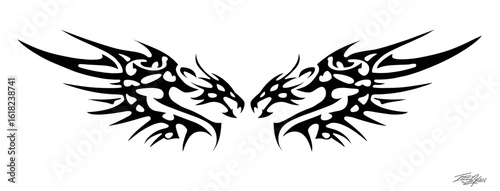 A symmetrical tribal tattoo design with two dragon heads facing each other, intricate patterns, and wing extensions,