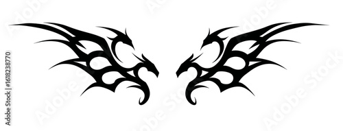 A black symmetrical tribal tattoo design with sharply angular lines and mirror image patterns,