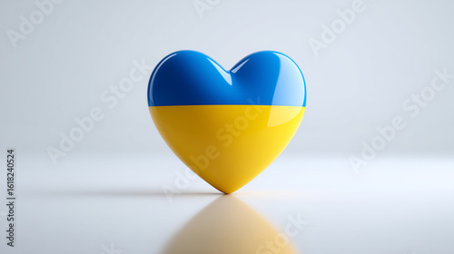 A 3D heart with Ukrainian flag colors, standing on a reflective floor, isolated on a pure white background.