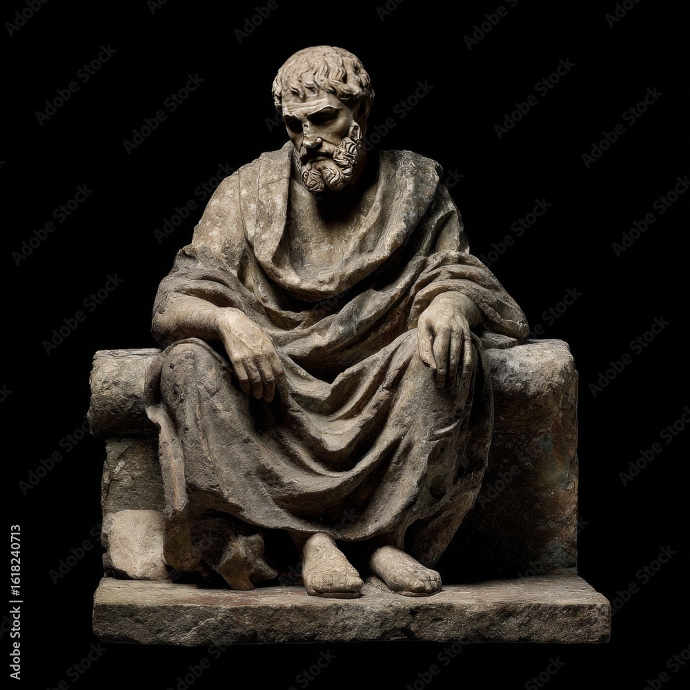 Fototapeta premium Ancient philosopher stone statue seated on a bench, contemplative pose, black backdrop.