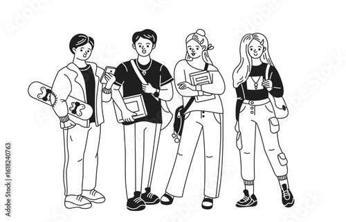Doodle illustration of four stylish students. They stand together happily. They hold books and a skateboard. Black and white artwork highlights youth culture.
