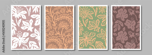 Ink brush abstract floral pattern for poster or card design set. Minimalist doodle nature background bundle for social media or wall art
