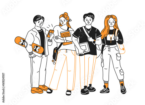 Doodle illustration of teenagers standing together with casual outfits and accessories. One holds a skateboard, another checks a phone, while others hold books. Simple line drawing style.