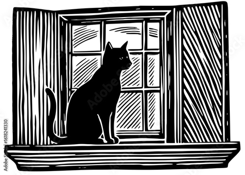 Cat Sitting on Window Sill Silhouette – Linocut Vector Black on White

