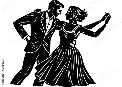 Dancing Couple Romantic Silhouette – Linocut Black and White Vector

