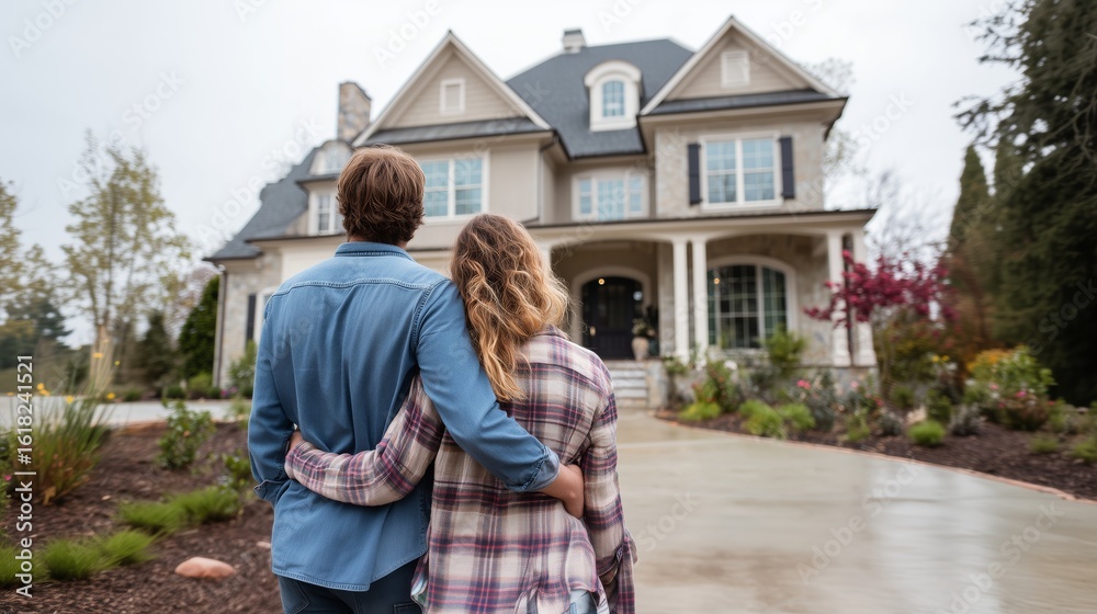 Naklejka premium Couple hugging and looking at their new house in the suburbs