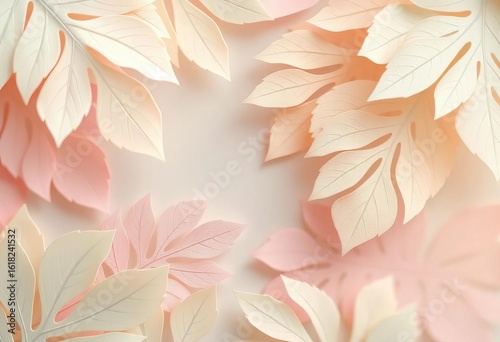 Delicate pastel paper cut tropical leaves, intricate details, soft shadows, wedding, cutout