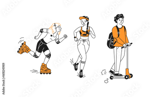Illustration of energetic individuals engaging in outdoor activities. Rollerblading girl, jogging woman, and boy on a scooter. Minimalist style in orange and black.