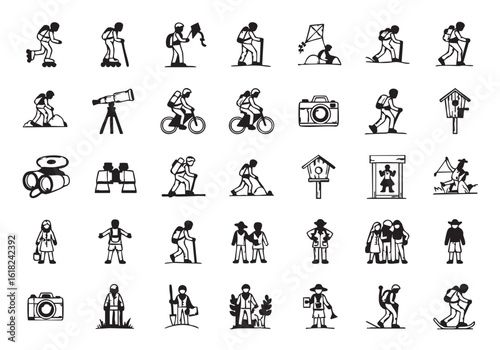 Seamless Pattern of Outdoor Activities and Leisure Pursuits in Black and White Line Art Style