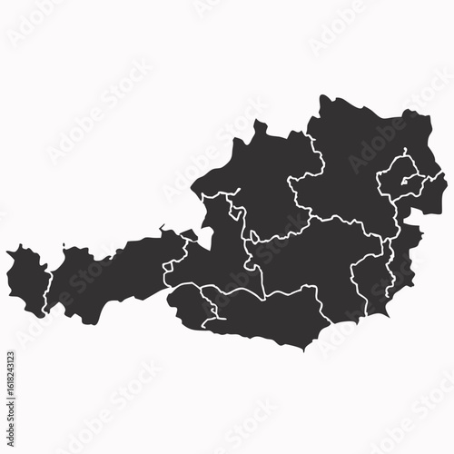 A dark gray silhouette map of Austria showing the internal borders of its states on a white background.