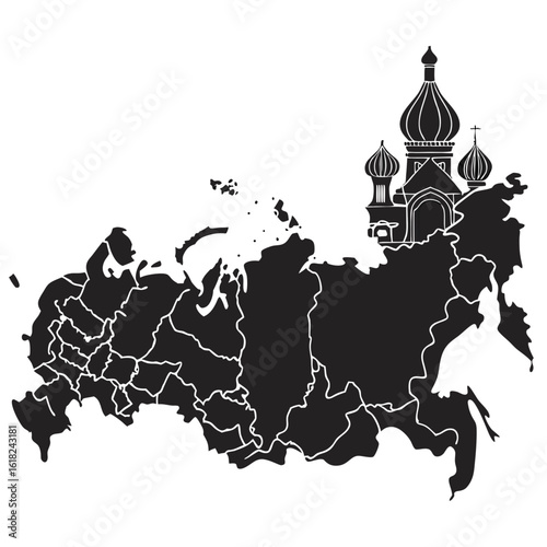 Silhouette of the Russian Federation map with iconic onion-domed cathedral superimposed on the eastern region.