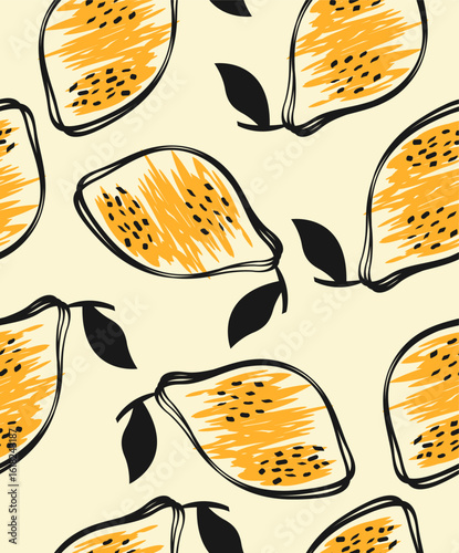 A pattern of decorative, delicious lemons on a light yellow background.