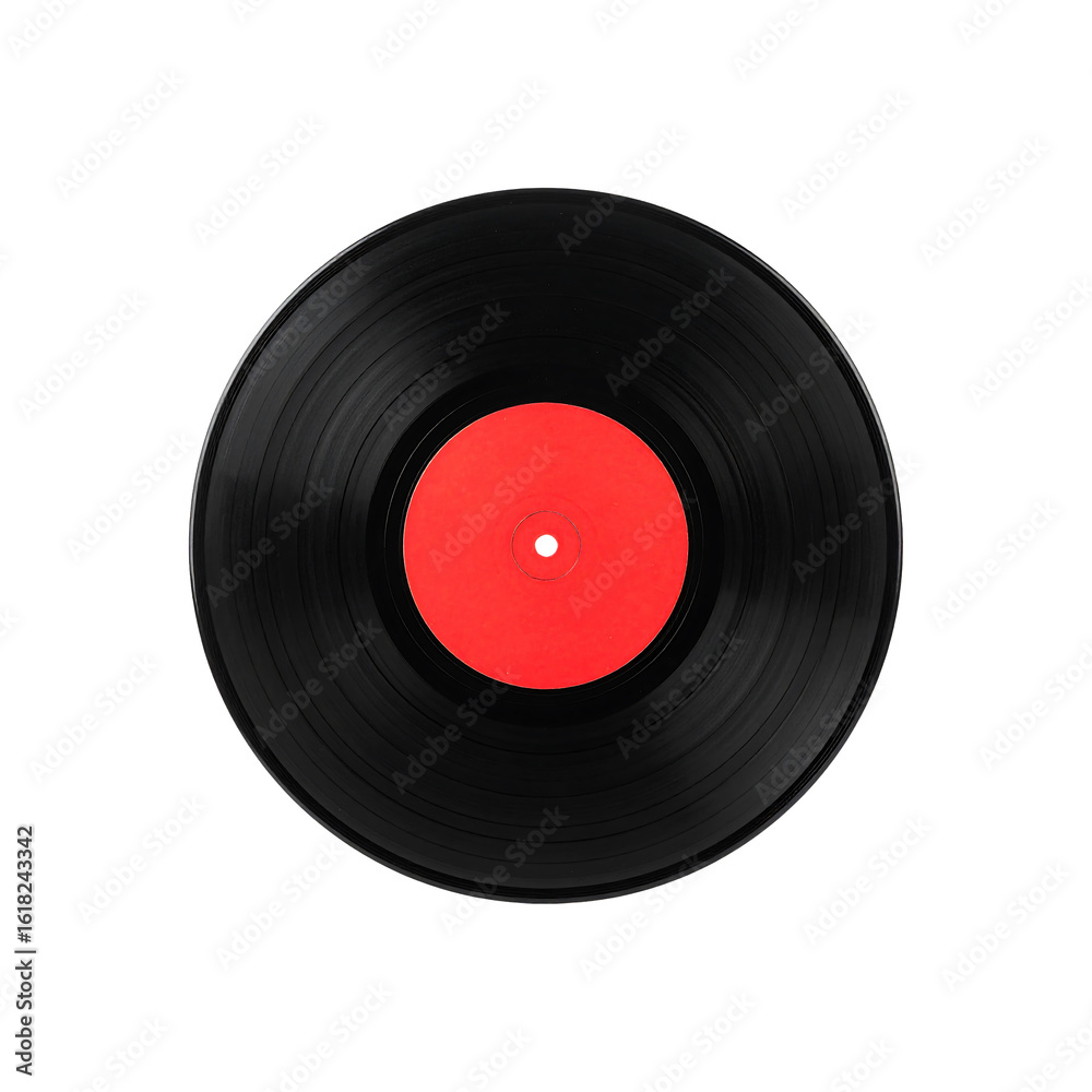 Fototapeta premium Classic black vinyl record with bright red label on transparent background
