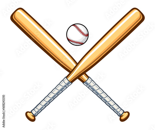 simple classic baseball 2 twin crossed baseball bats wood with cartoon shaded base ball vector isolated on transparent background