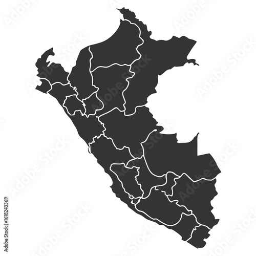 A dark grey political map of Peru, showing the country divided into its administrative regions with white borders.