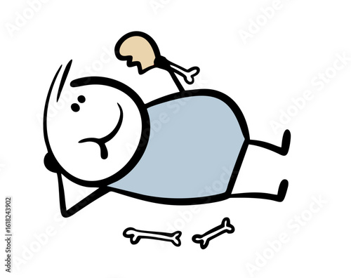 Stickman has eaten a lot of food and is lying with a big and full belly. Vector illustration of a well-fed character holding meat and bone in his hands, enjoying lunch, taking a break from work.