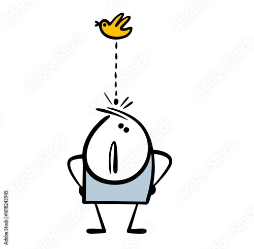 Funny disgruntled stickman looks up. Vector illustration of a bird flying and pooping on a stickman, the boy does not believe in omens, condemns the animal in the sky.