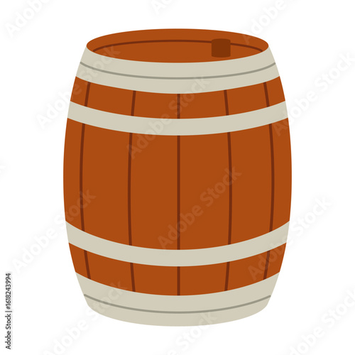 Wooden barrel with metal bands for storage or aging beverages. Flat vector isolated illustration