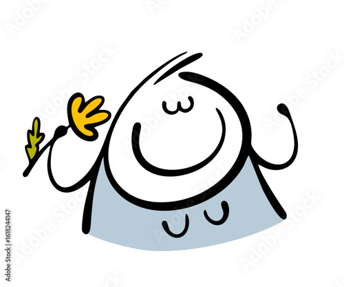 Happy girl smelling a flower. Vector illustration of a young woman with a large bust, a spring plant, and a date. Cartoon man gave her a gift as a sign of love.