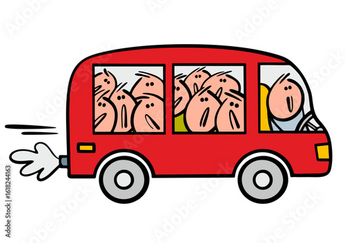 Cartoon red bus rushes along  road, transporting passengers. Vector illustration transport, people in crowd inside  car are unhappy, suffering. Driver is cheerful in cockpit with steering wheel.