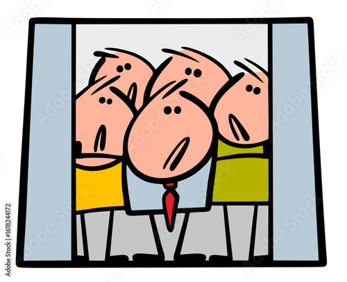 Cartoon man spreads his arms and holds back the crowd of people in the carriage. vector illustration of doors closing tightly to people. An employee of the subway or railway station.