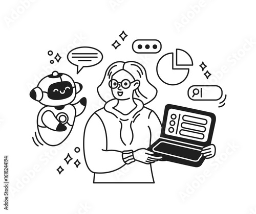 Line art illustration of a woman engaging with a friendly artificial intelligence. She holds a laptop displaying data. Symbols around them suggest communication and analytics.