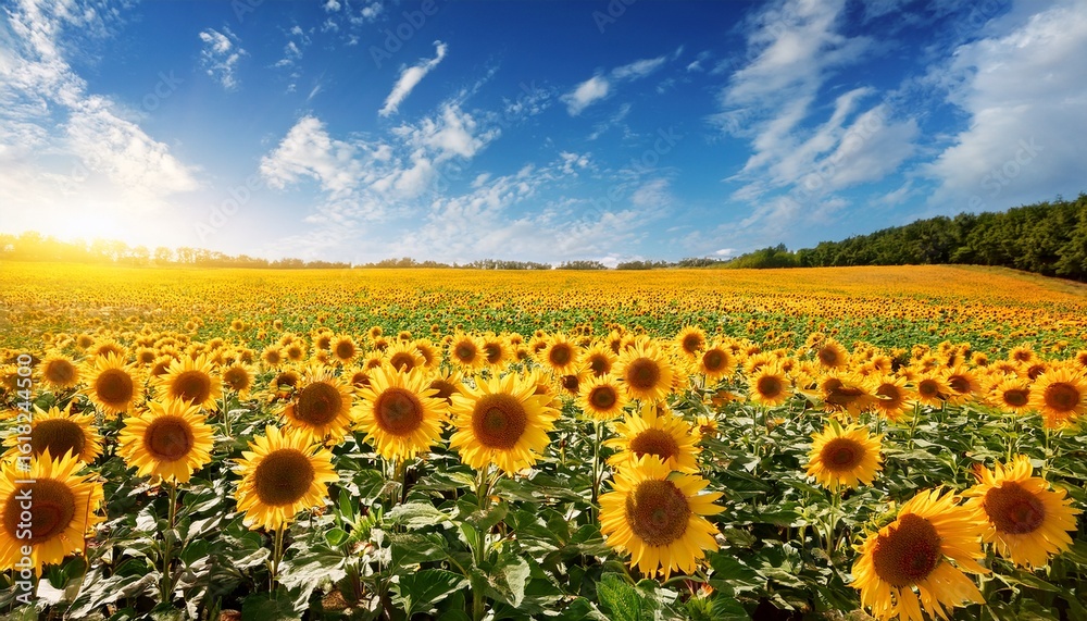 Fototapeta premium sunflowers blooming in golden field under bright blue sky