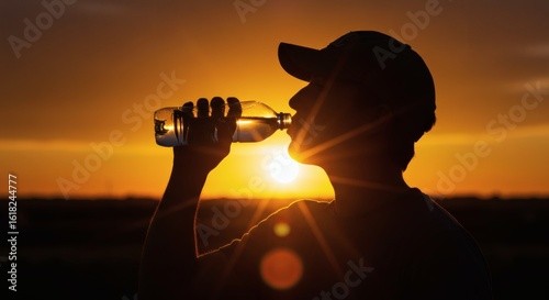 Silhouette thirst quench Suns glow on man drinking water Summer time.
