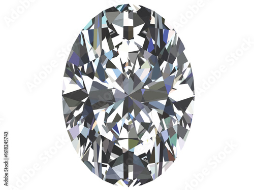 highly detailed illustration of an oval-shaped diamond. It showcases the brilliance and complexity of the gemstone's cut, emphasizing its reflective qualities and intricate facets.