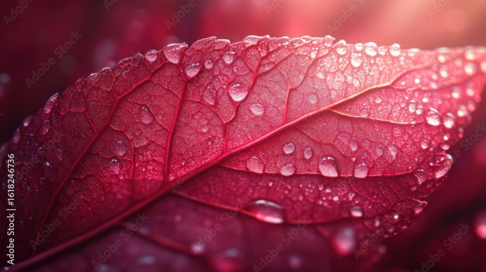 Fototapeta premium Close-up of a vibrant red leaf with water droplets (1)